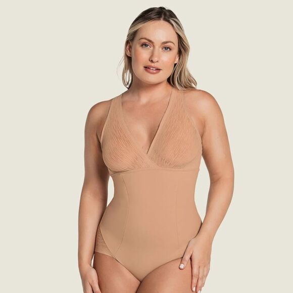 Leonisa Sheer Stripe Detail‎ Sculpting Bodysuit beige size M NWT in packaging - Picture 2 of 6